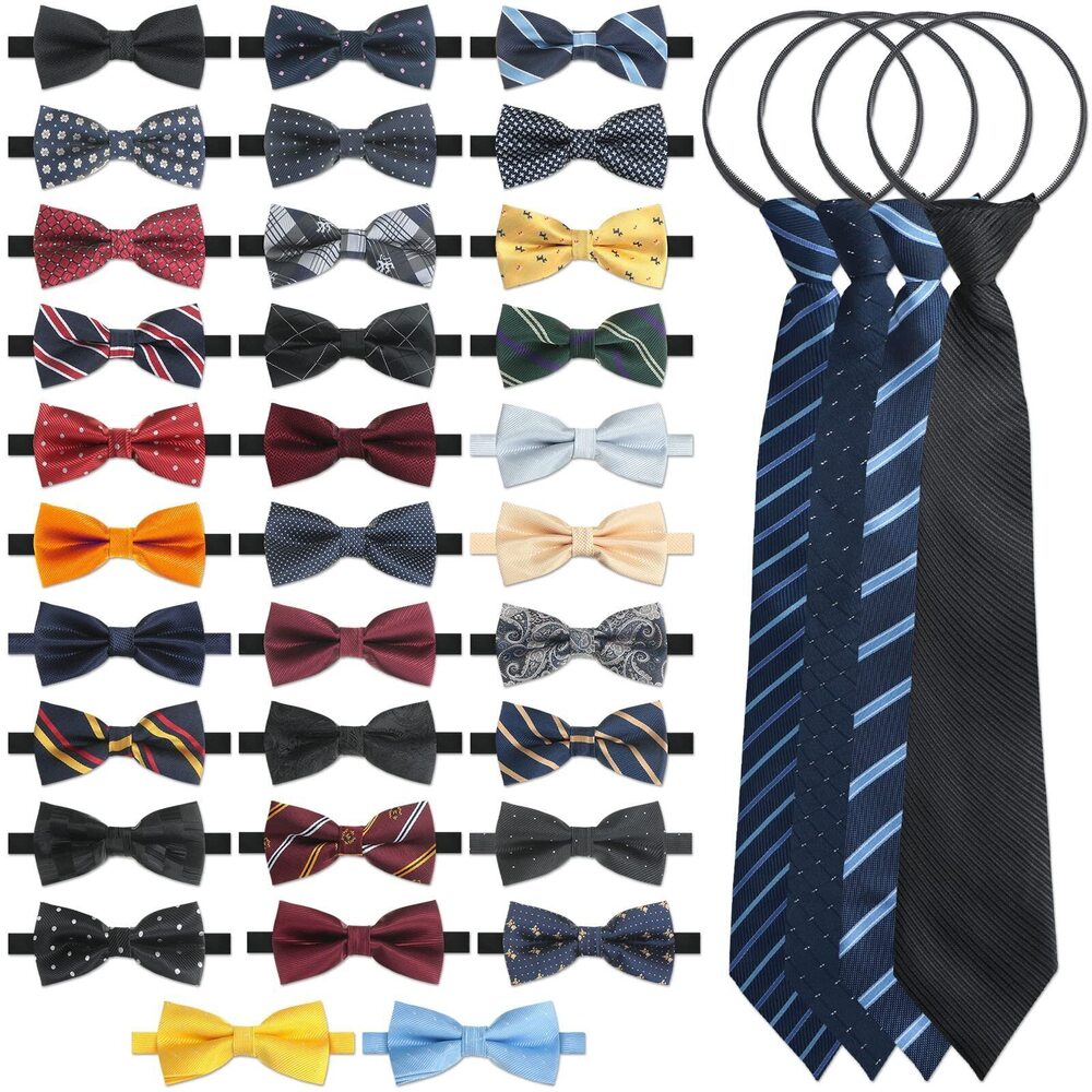 2405 32 Pack Bow Ties with 4 Pack Zipper Ties Assorted Pre Tied Clip on